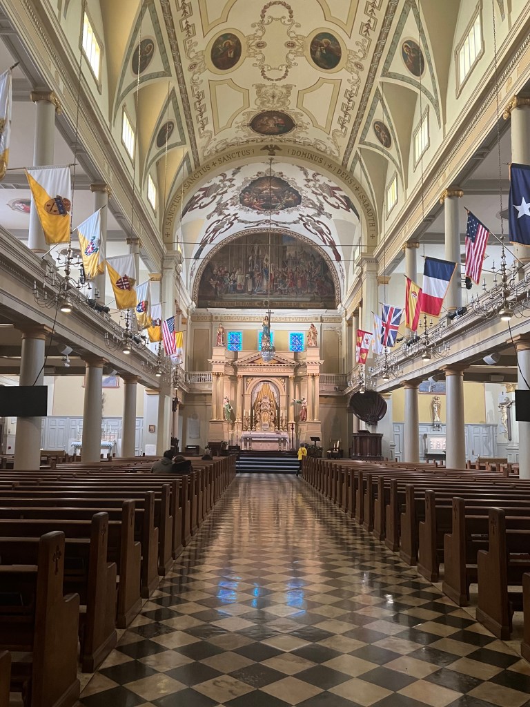 Inside of St. Louis Cathedral facing down the nave to the apse 